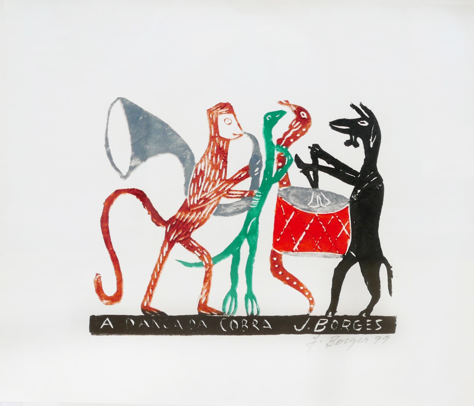 Cobra Dance woodcut on paper by José Borges. Represented by Rebecca Hossack Gallery.