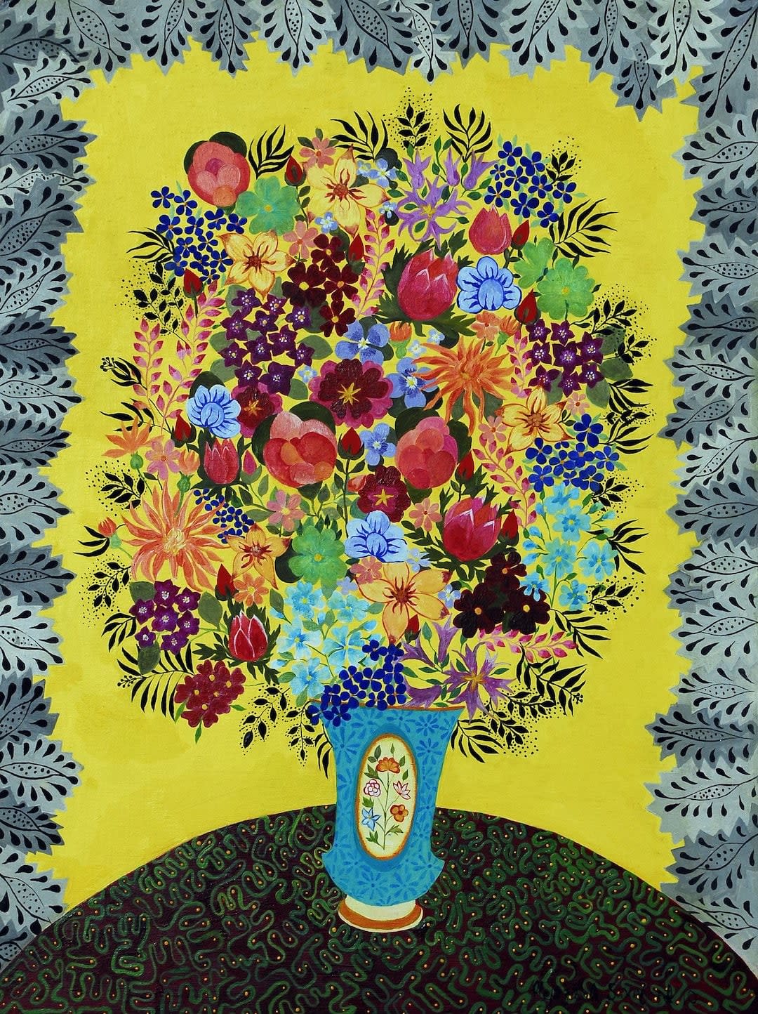 Colourful flowers depicted on a yellow-themed background. Oil Painting by Hepzibah Swinford. Represented by Rebecca Hossack Gallery.