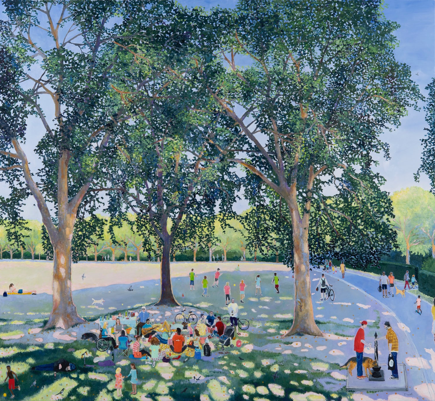 Oil on canvas painting of a summer urban scene at a metropolitan city park by British painter Emma Haworth represented by Rebecca Hossack Art Gallery.