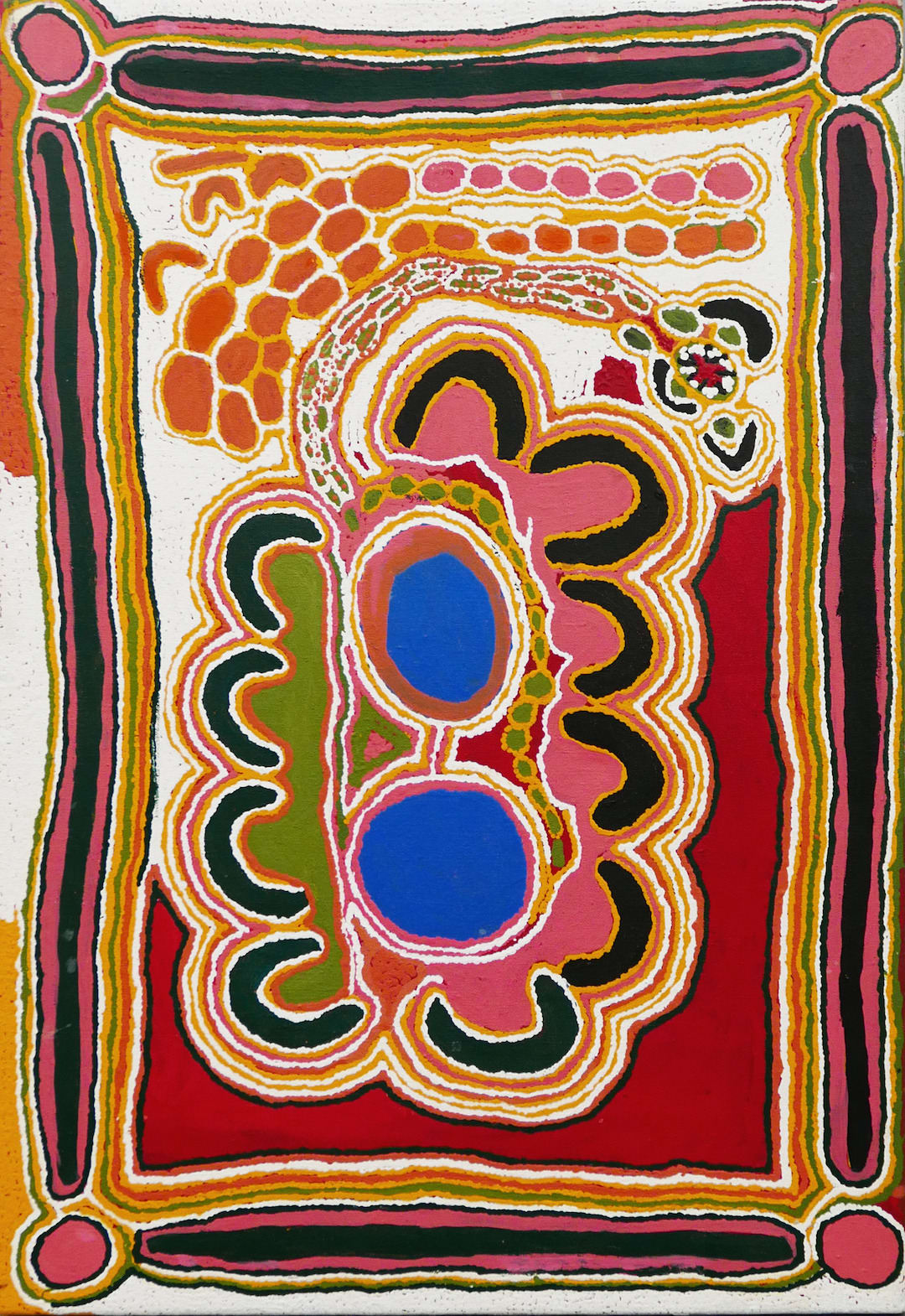 Muntja Mosquito, synthetic polymer paint on canvas, Balgo Hills, Aboriginal artist and artwork.