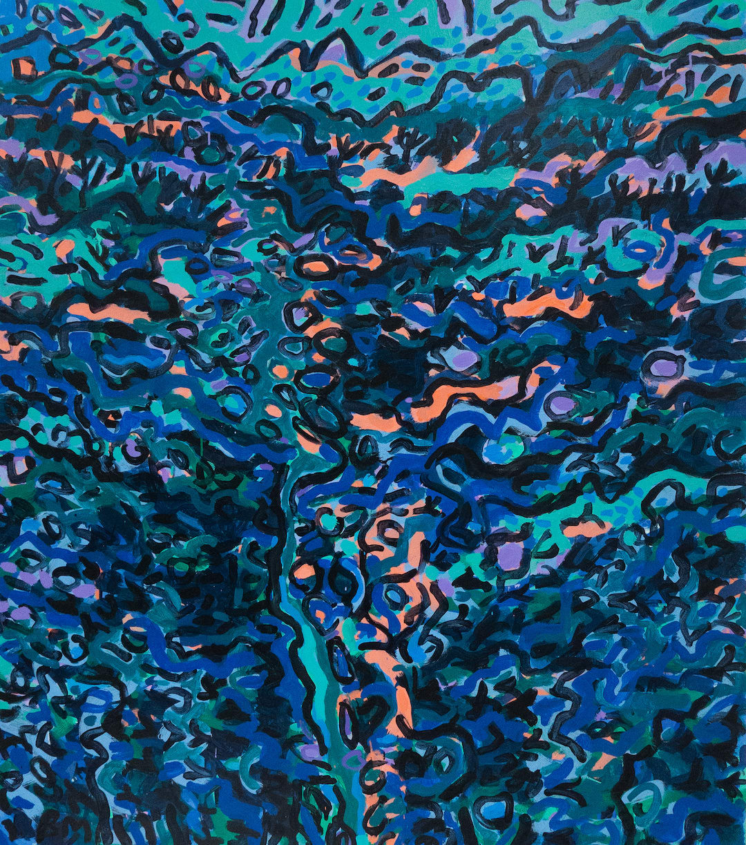 Barbara Macfarlane blue and green abstract landscape painting with coral detailing, acrylic on linen