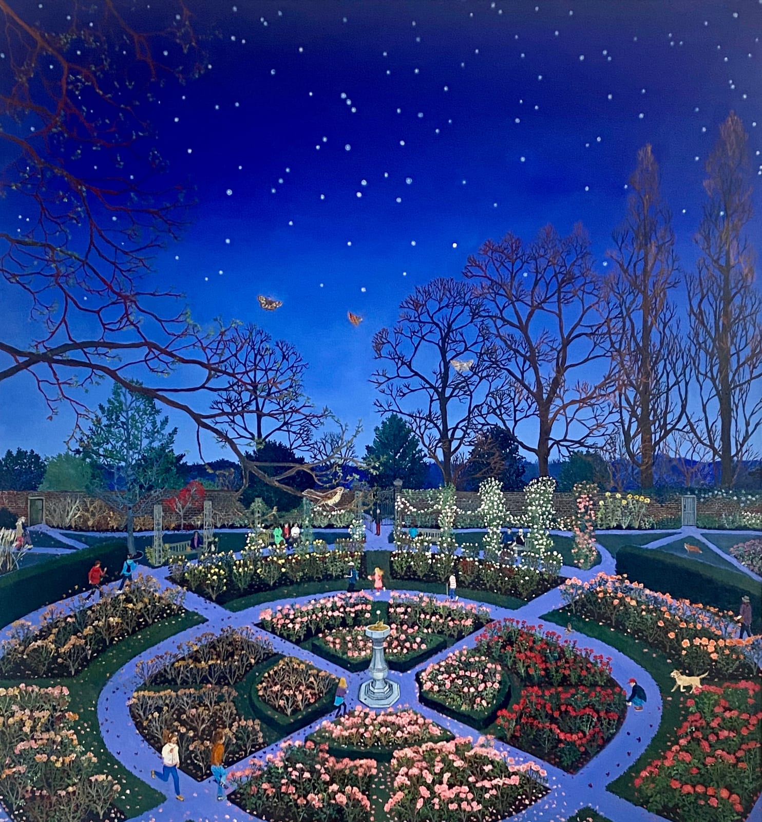 Oil on canvas painting of a rose garden in a metropolitan city at night with stars in the sky and trees by British artist Emma Haworth represented by Rebecca Hossack Art Gallery.
