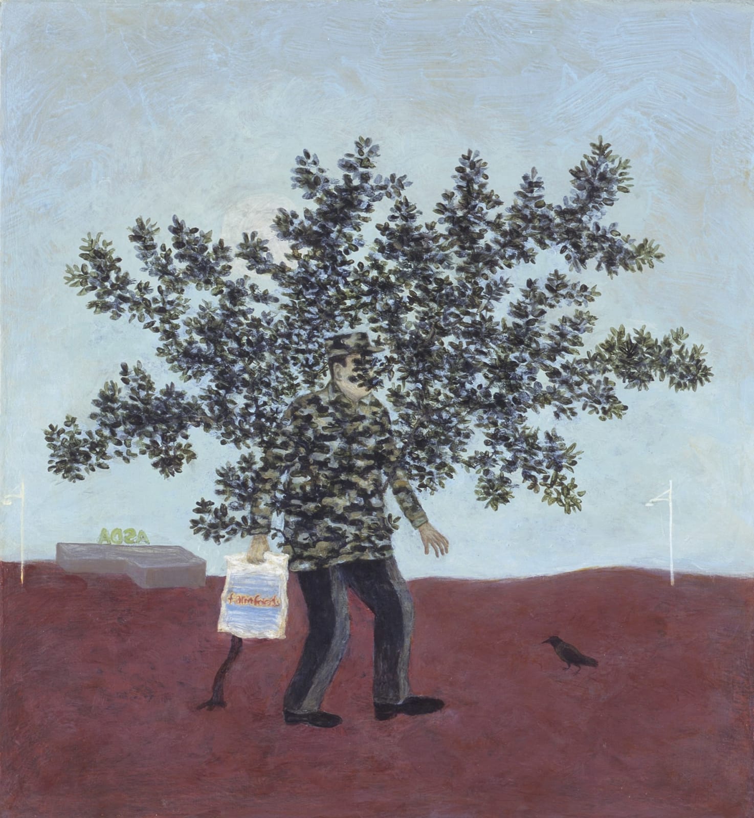 Man camouflaged in tree acrylic paintingby Alasdair Wallace. Represented by Rebecca Hossack Gallery.