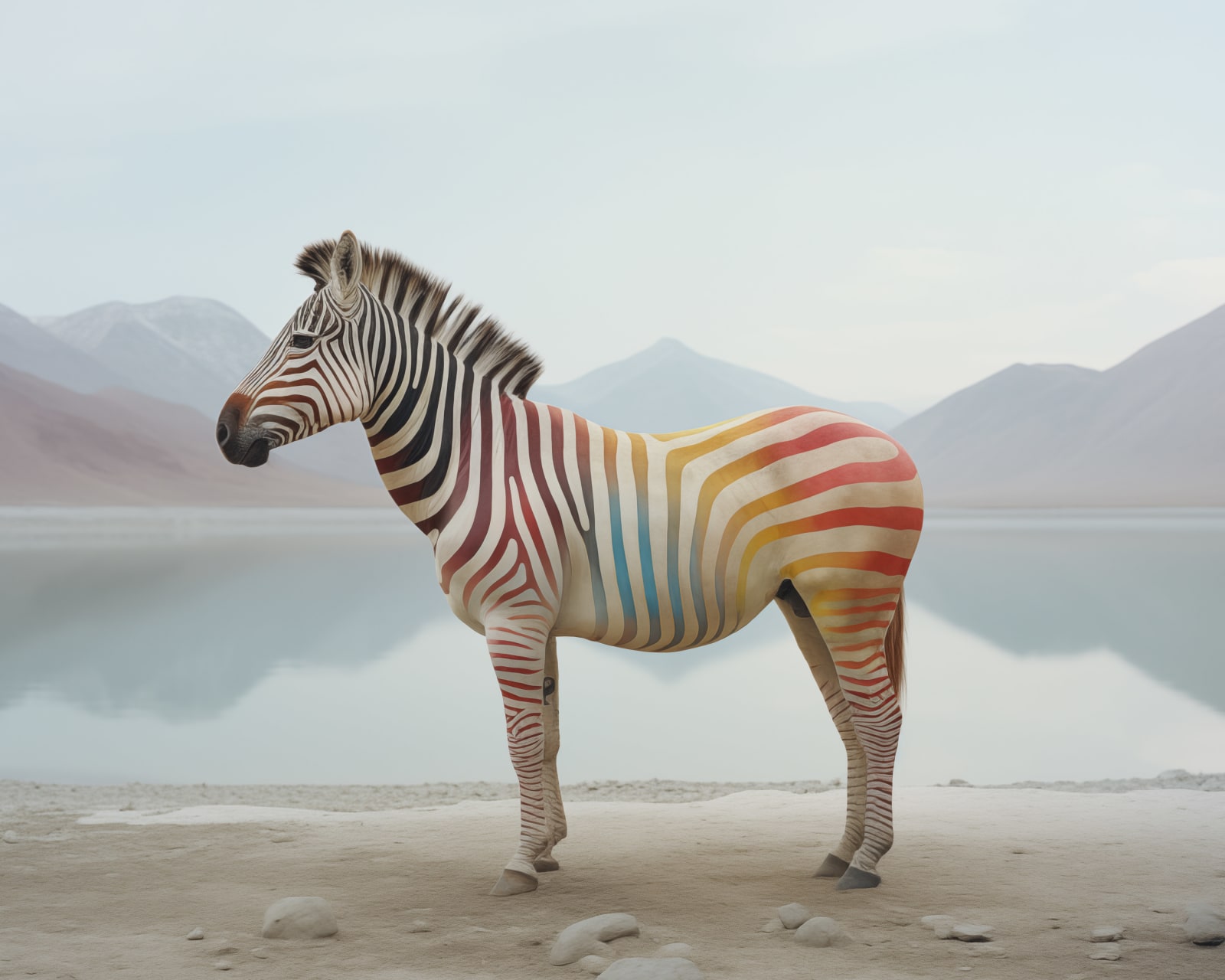 Digitally manipulated photograph of a rainbow striped zebra with mountains in the background by nature artist Jim Naughten from the Biophilia collection represented by Rebecca Hossack Art Gallery.