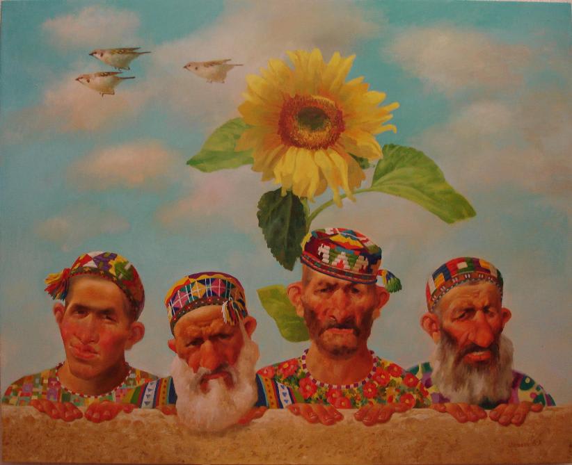 multi-colour oil painting of four men with a sunflower by artist Bakhtiyor Umarov represented by Rebecca Hossack Gallery