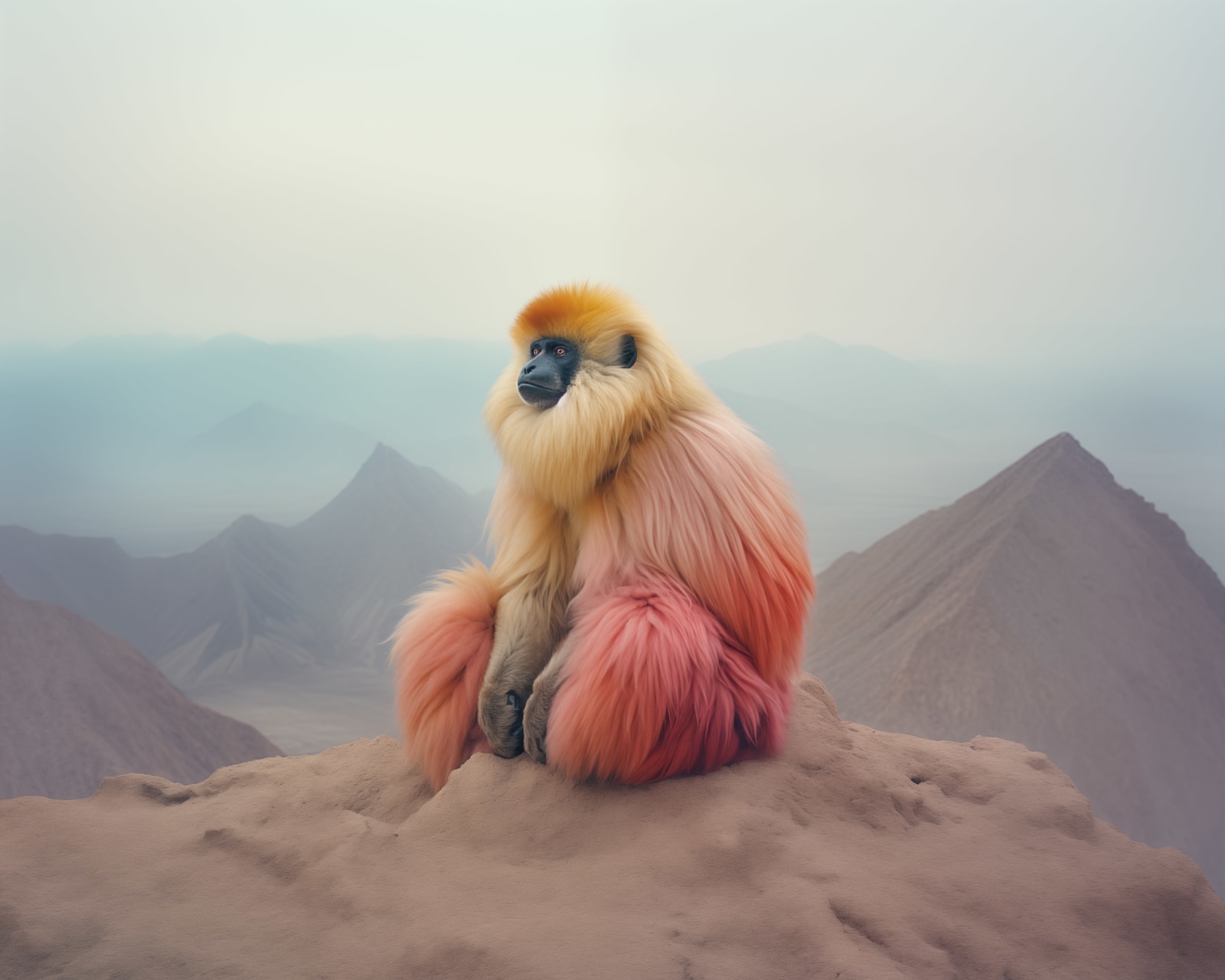 Photograph of a brightly colored pink and yellow gibbon in the mountains by nature artist Jim Naughten represented by Rebecca Hossack Art Gallery.