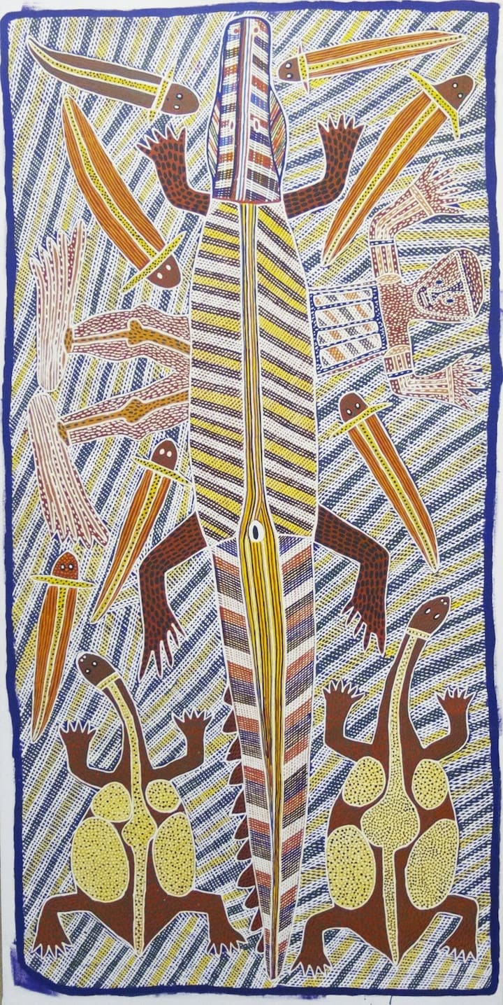 Sambo Barra Barra, synthetic polymer paint on canvas,Ngukurr, Aboriginal artist and artwork.
