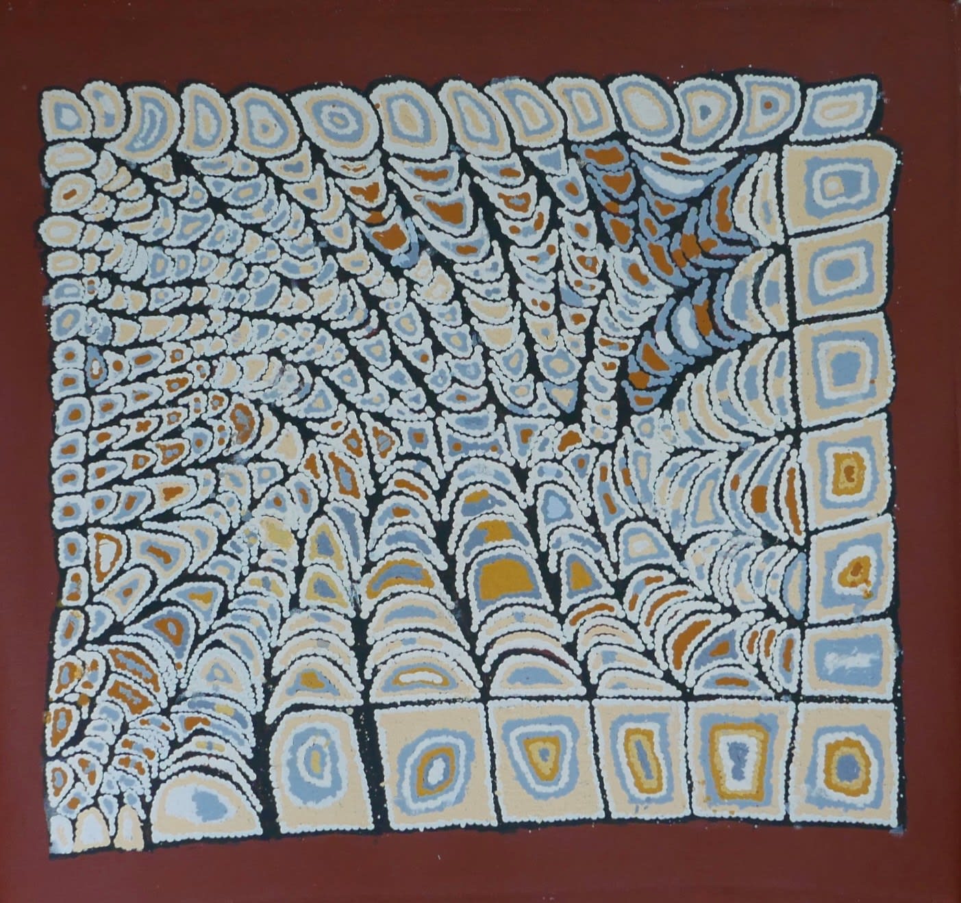 An untitled painting of shapes stacking together by Aboriginal-Australian artist Lorna Napanangka