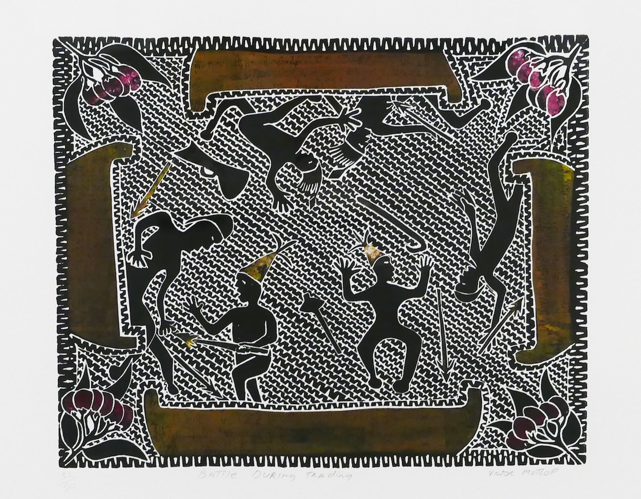 Victor Motlop, coloured linocut, Torres Strait Islands, Aboriginal artwork and artist.