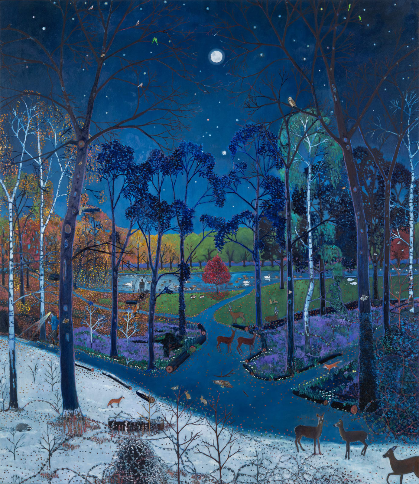 Oil on canvas painting of a metropolitan city park with a lake and deer and trees and stars by British artist Emma Haworth represented by Rebecca Hossack Art Gallery.