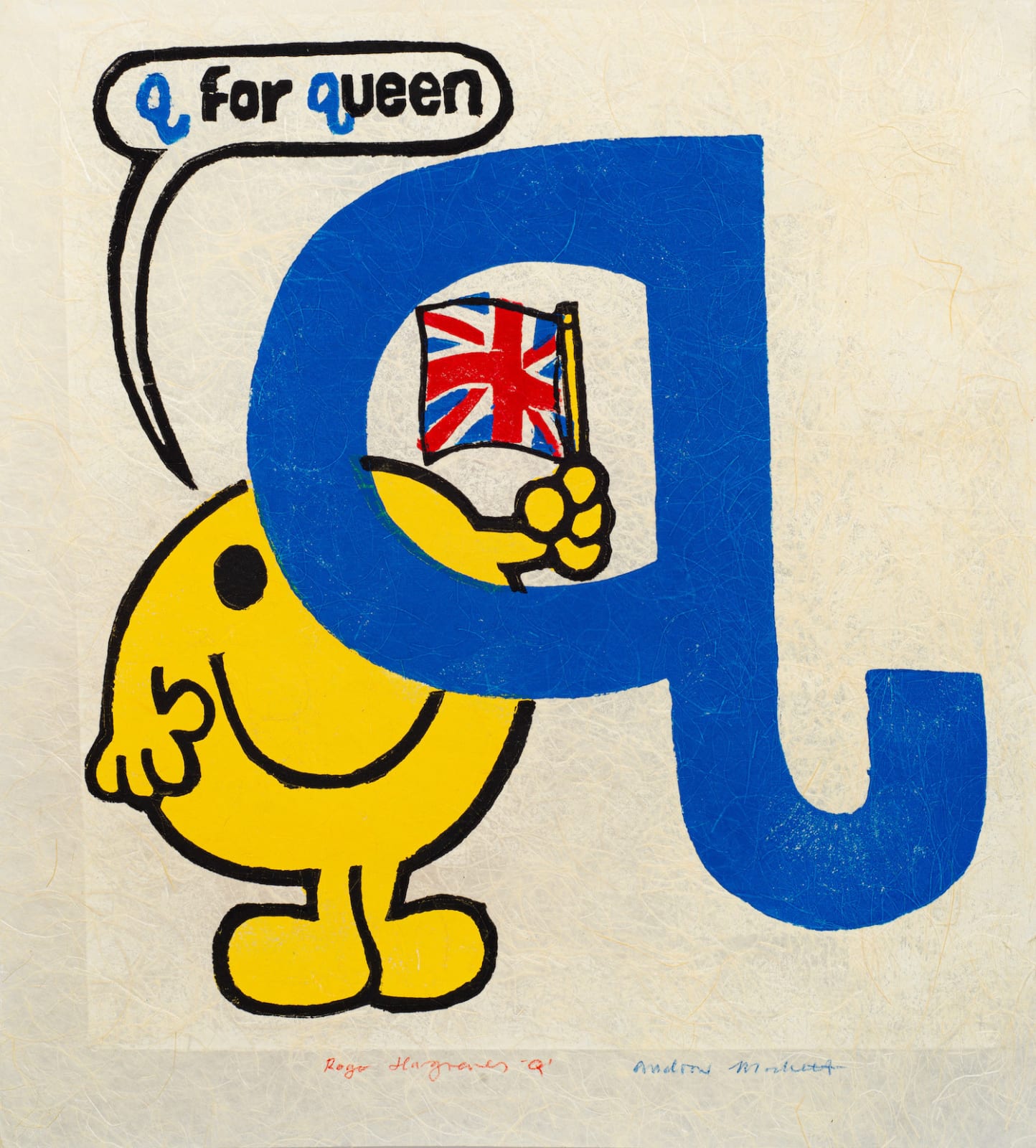 Blue pop art print of the letter q featuring a Mr. Men cartoon character by British artist Andrew Mockett represented by Rebecca Hossack Art Gallery.