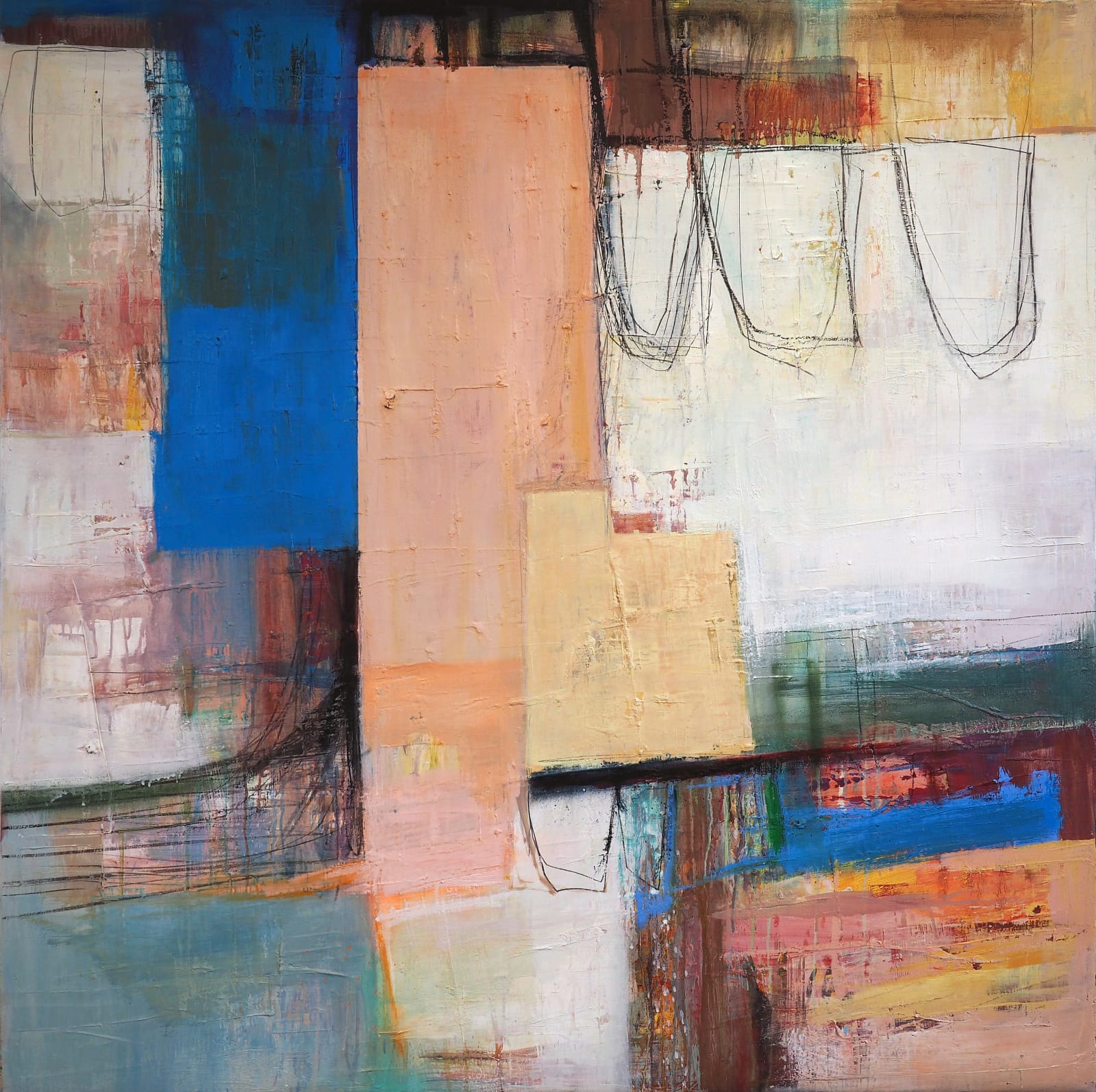 An abstract painting with geometric shapes and complex textures and colours by artist Morten Lassen.