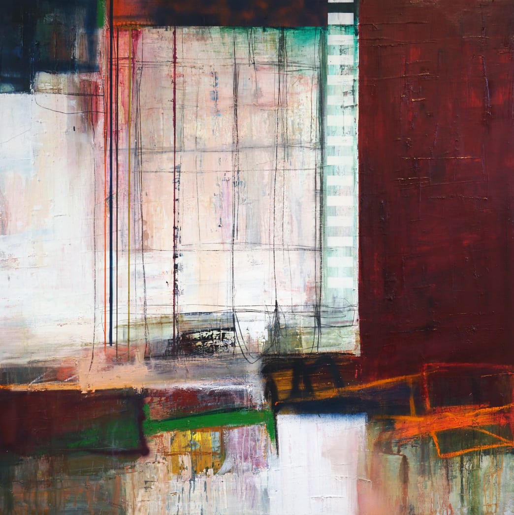 Abstract expressionist painting by Danish artist Morten Lassen, featuring layered colours, dynamic brushstrokes, and a balance of spontaneity and structure.