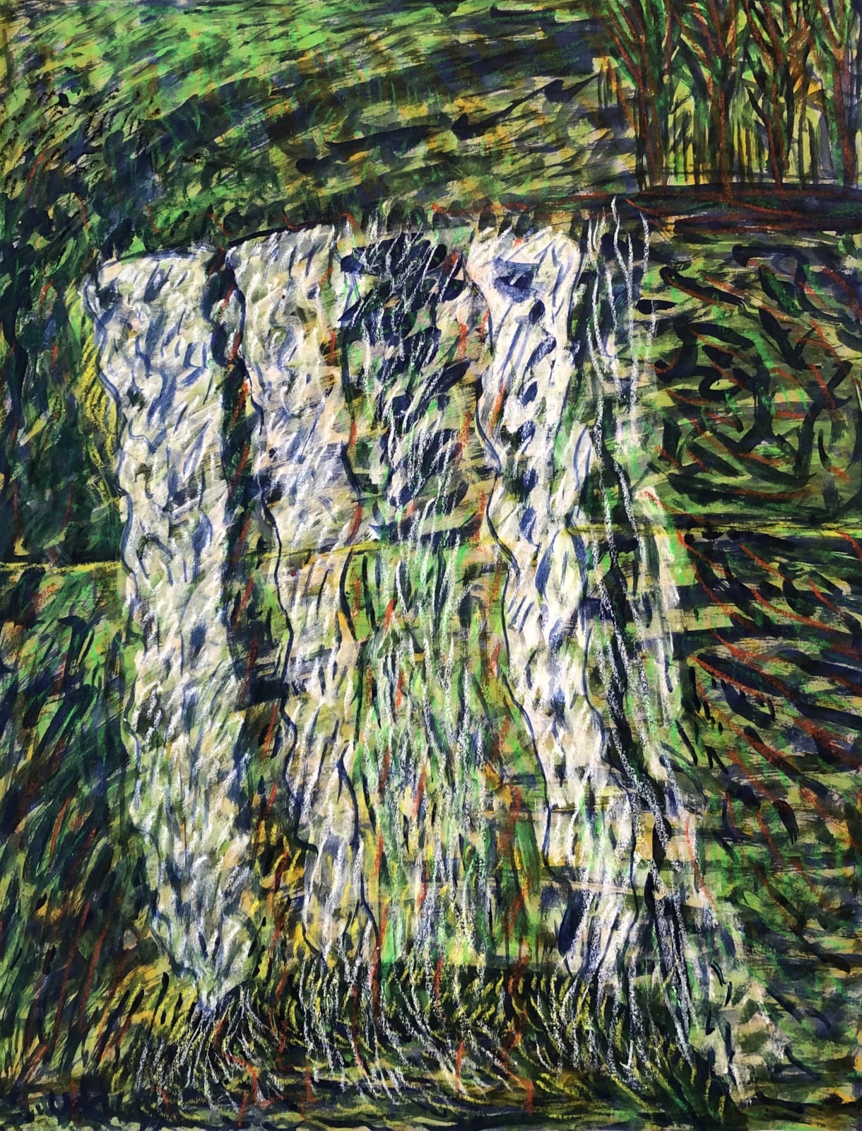 Uddin’s paintings – done in gouache on paper – shimmer with expressive colour. Their characteristic short, dynamic brushstrokes impart a compelling energy to each scene