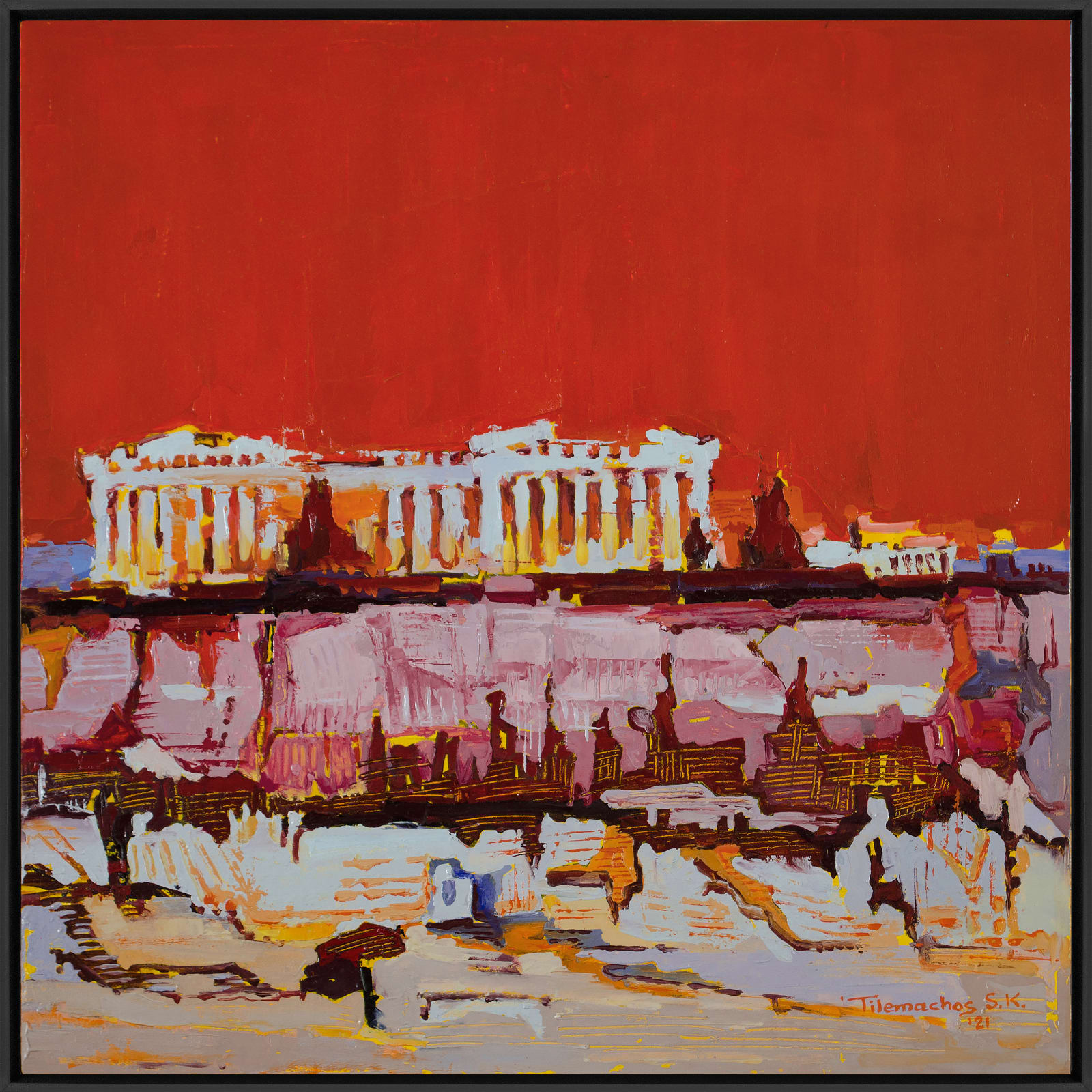 Tilemachos Kyriazatis greek artist painting bright colourful ships in harbors scenery open sea in oil paint on canvas greek temple