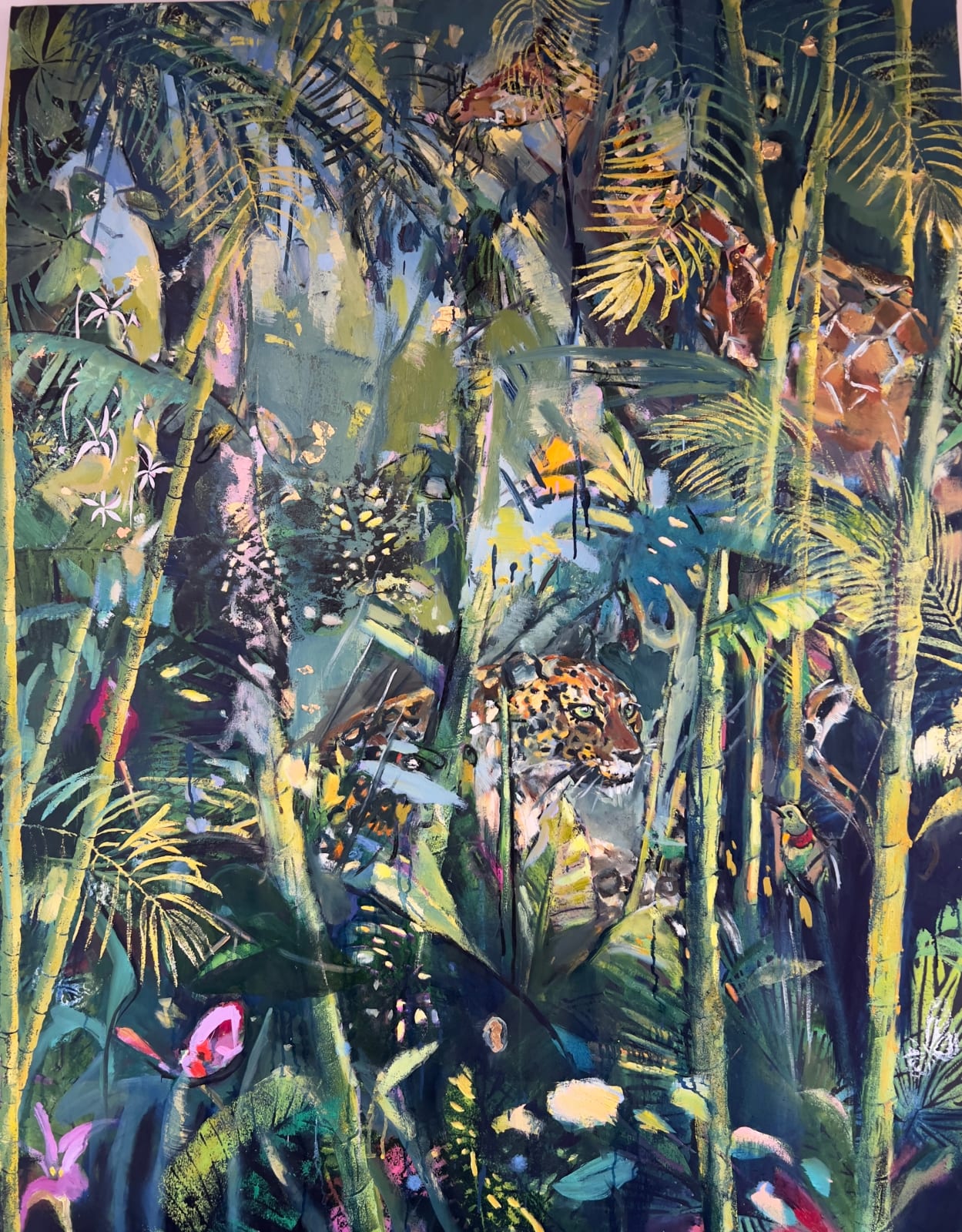 British artist Sophie Walbeoffe painting of a leopard in a colourful jungle, oil on canvas of 'What is this,' said the Leopard, 'that is so 'sclusively dark, and yet so full of little pieces of light?'