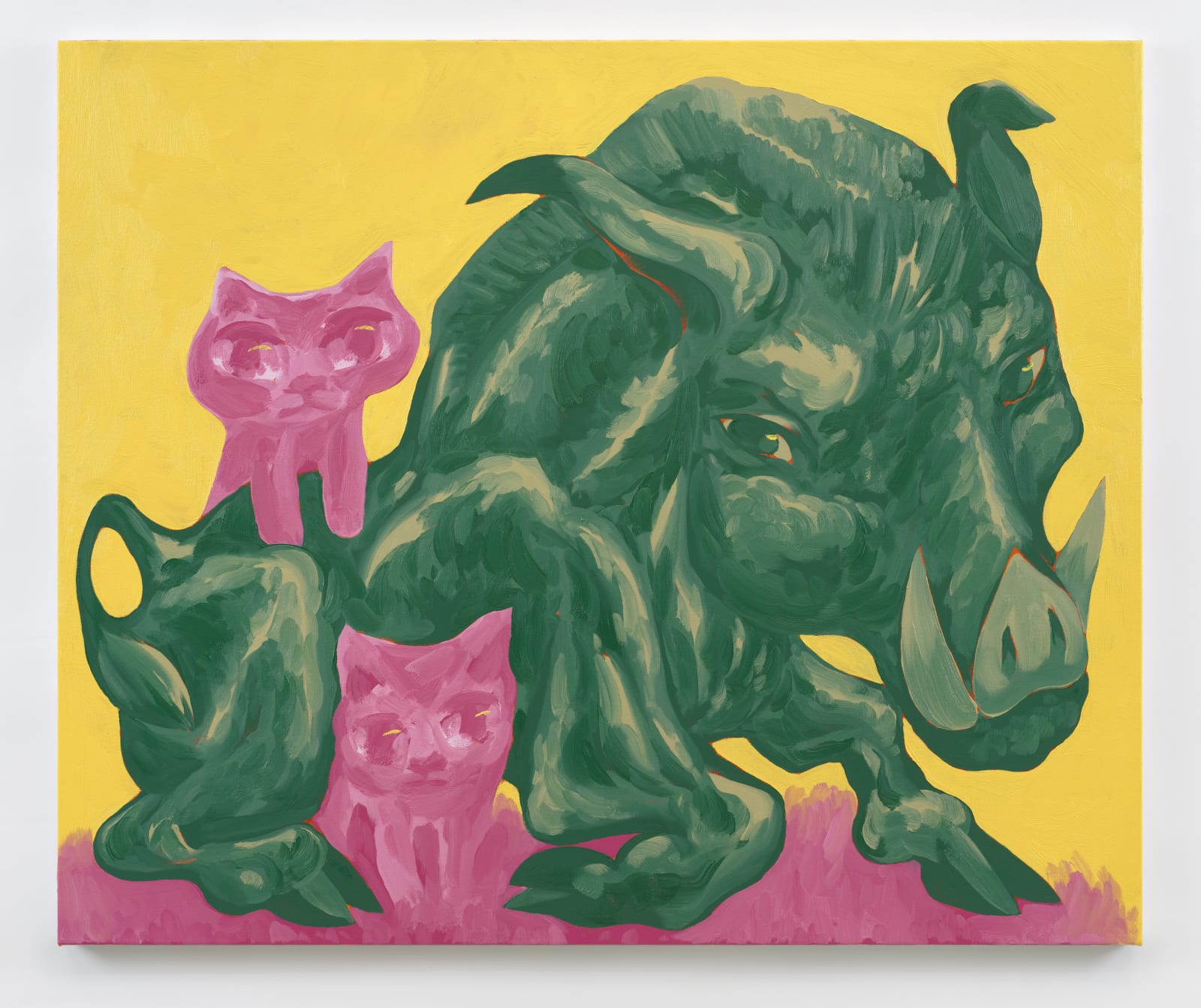 An abstract painting of two pink cats and a green bull on a yellow background by contemporary artist David Surman.