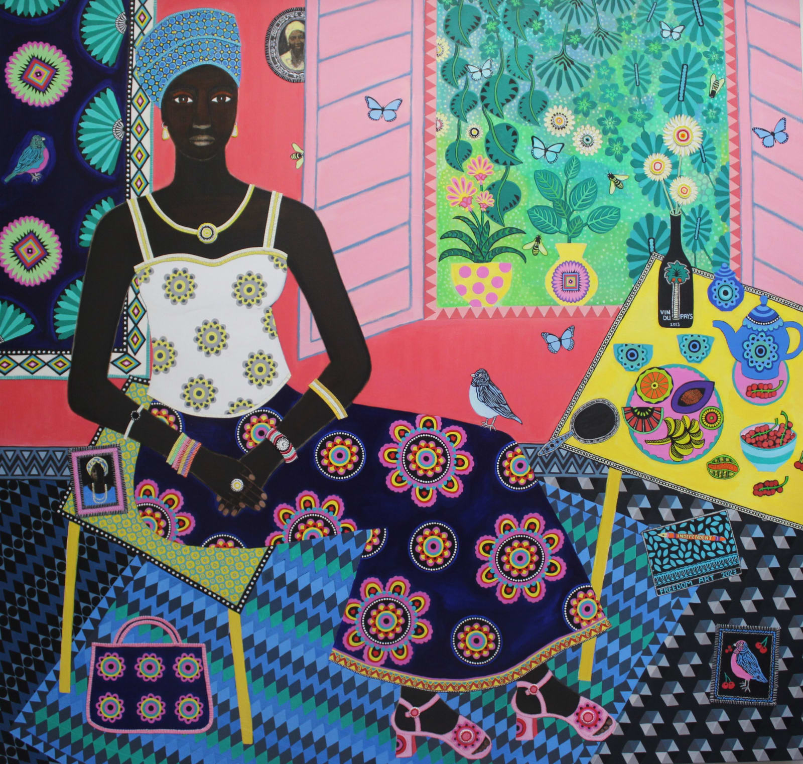 Carla Kranendonk acrylic paint and collage on linen, beads, glue, cotton, yarn of Maroua 2023