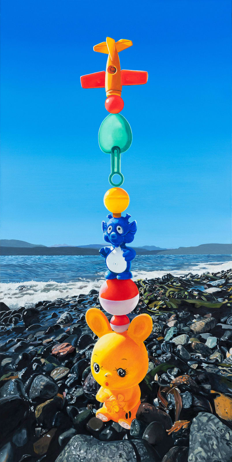 Seattle-based American artist Karen Hackenberg's hyperreal oil painting of blue seascape with toy sculptures