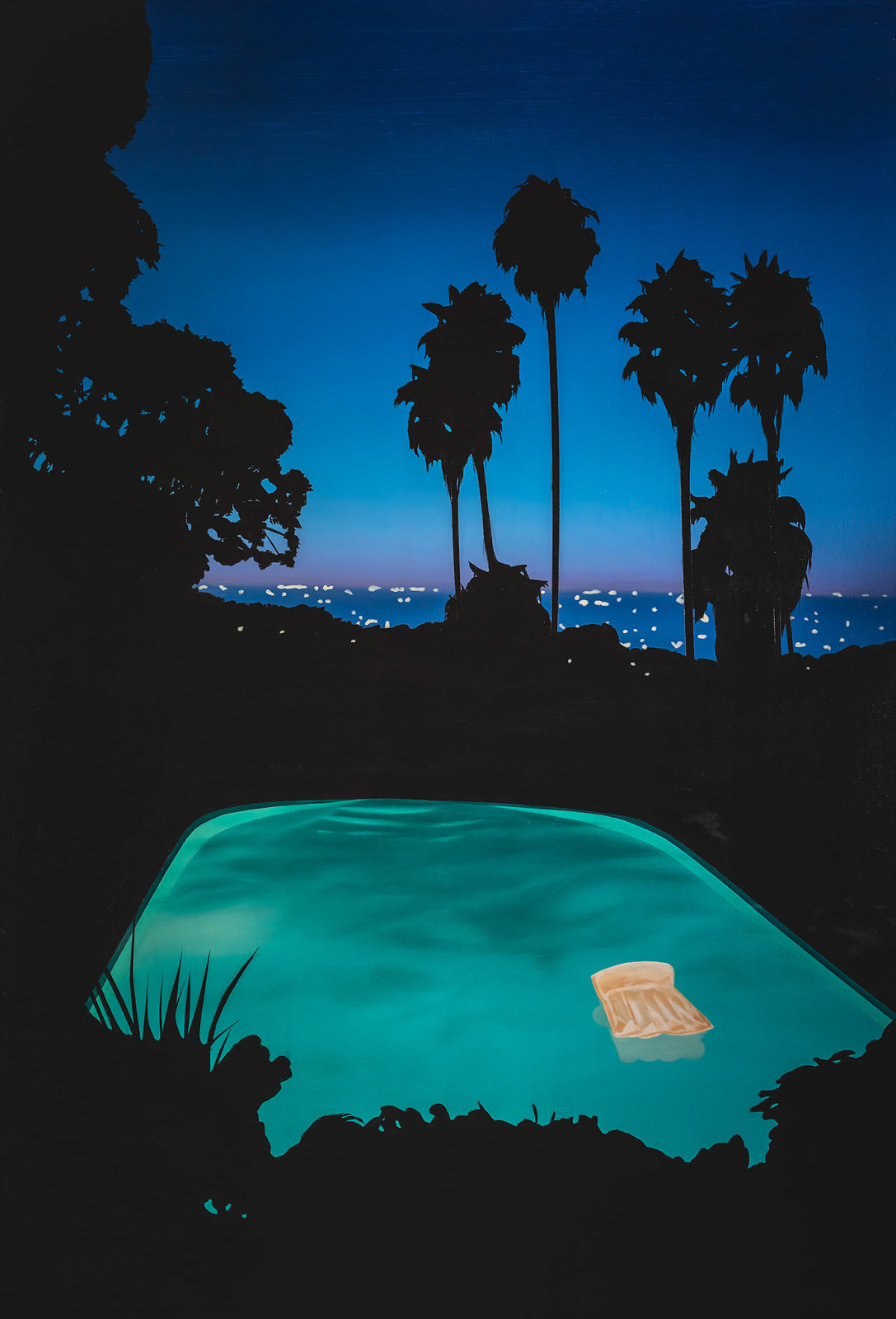 Laurence Jones British artist acrylic paint on linen, hyperreal architecture night pool hollywood mansion