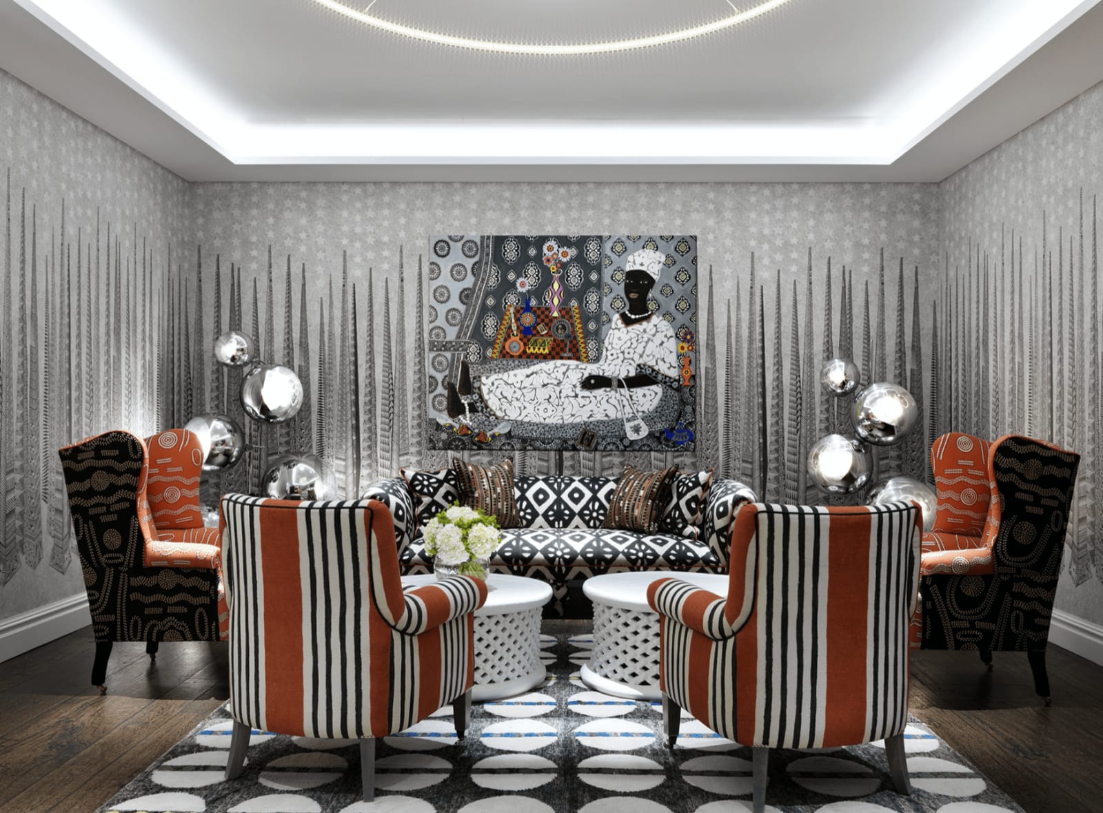 Carla Kranendonk, Seated Woman in White Dress in the Sandra Blow Room at The Soho Hotel, Courtesy of Kit Kemp