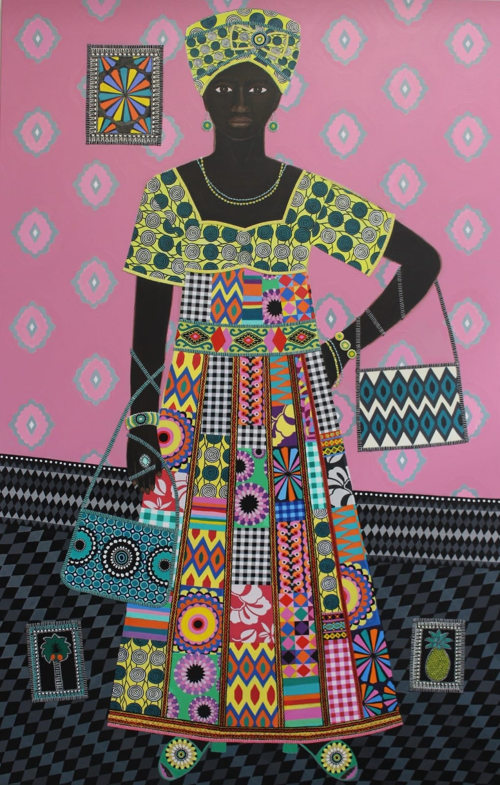 hand embroidery, beadwork, acrylic and collage on canvas by Carla Kranendonk of woman in different color patterns on pink bakground available at Rebecca Hossack Art Gallery