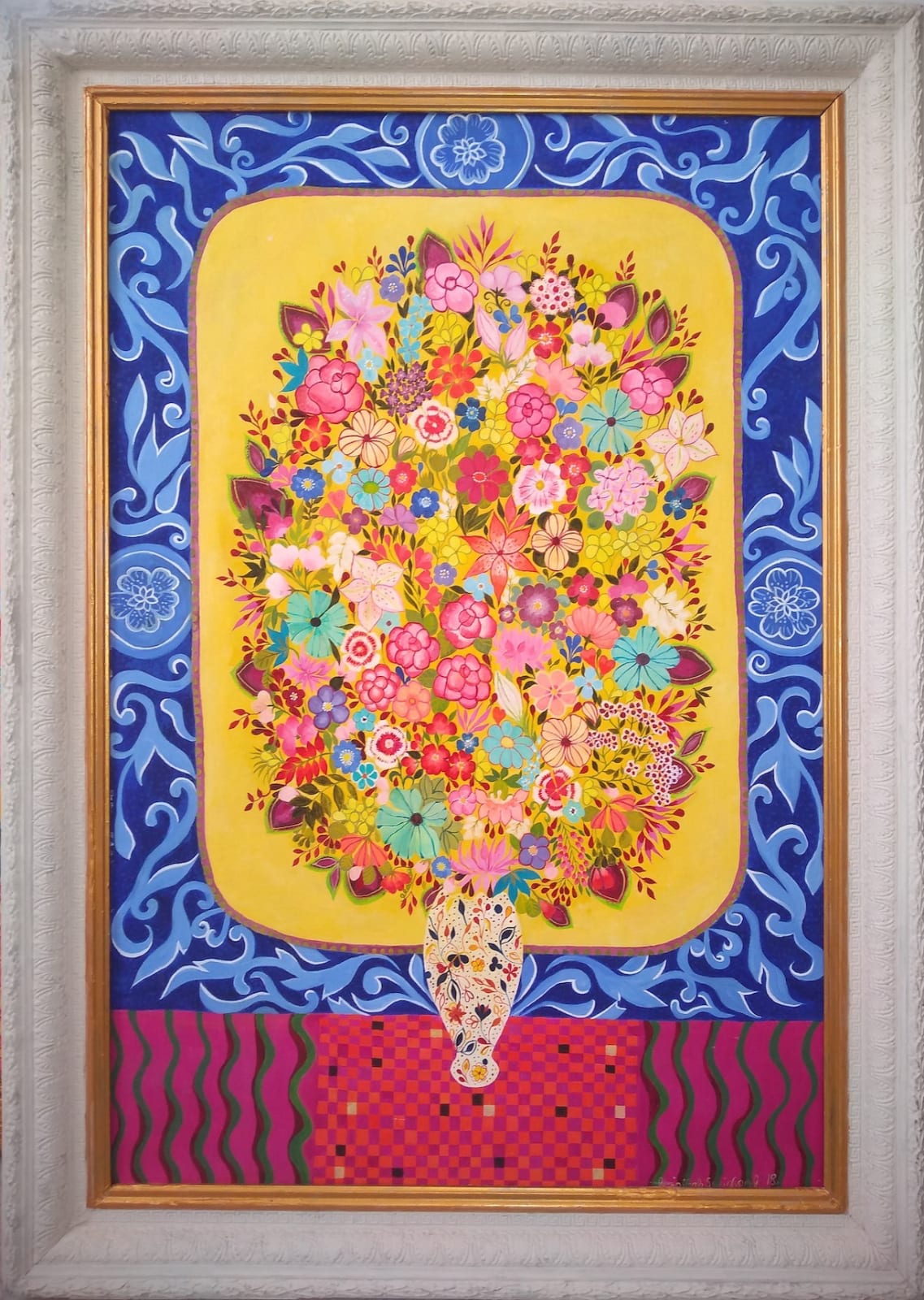 'Flowers in Imari Vase' Yellow, Blue and Red Oil painting by Hepzibah Swinford. Represented by Rebecca Hossack Gallery.