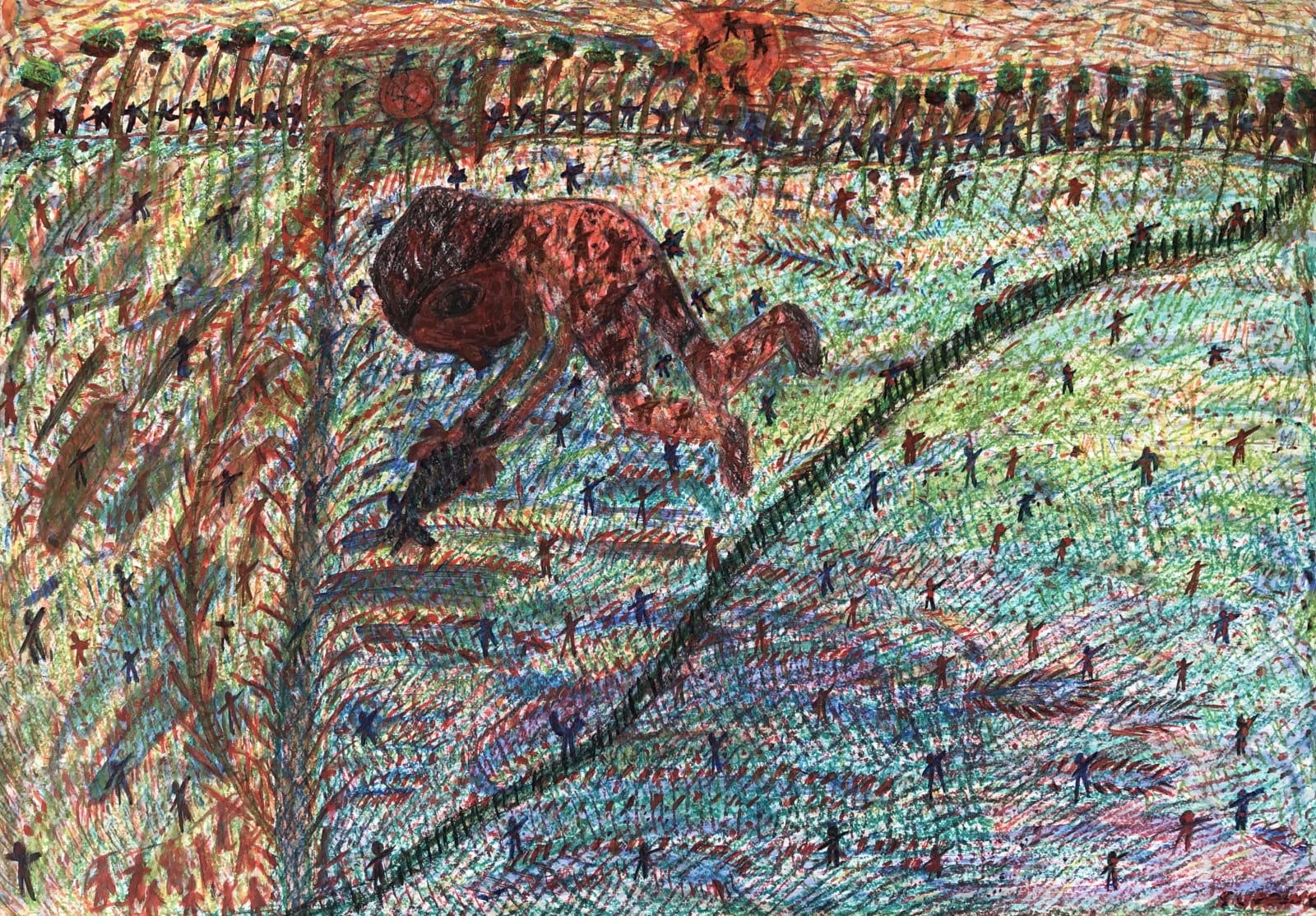 Uddin’s paintings – done in gouache on paper – shimmer with expressive colour. Their characteristic short, dynamic brushstrokes impart a compelling energy to each scene