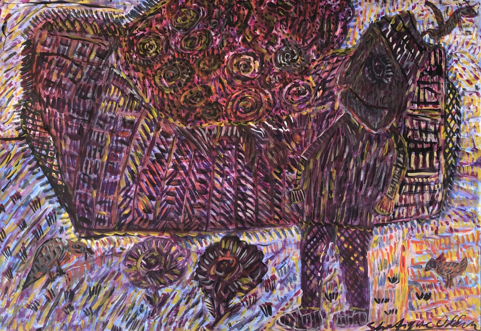 gouache paint on paper by Shafique Uddin of man in front of a stand available at Rebecca Hossack Art Gallery