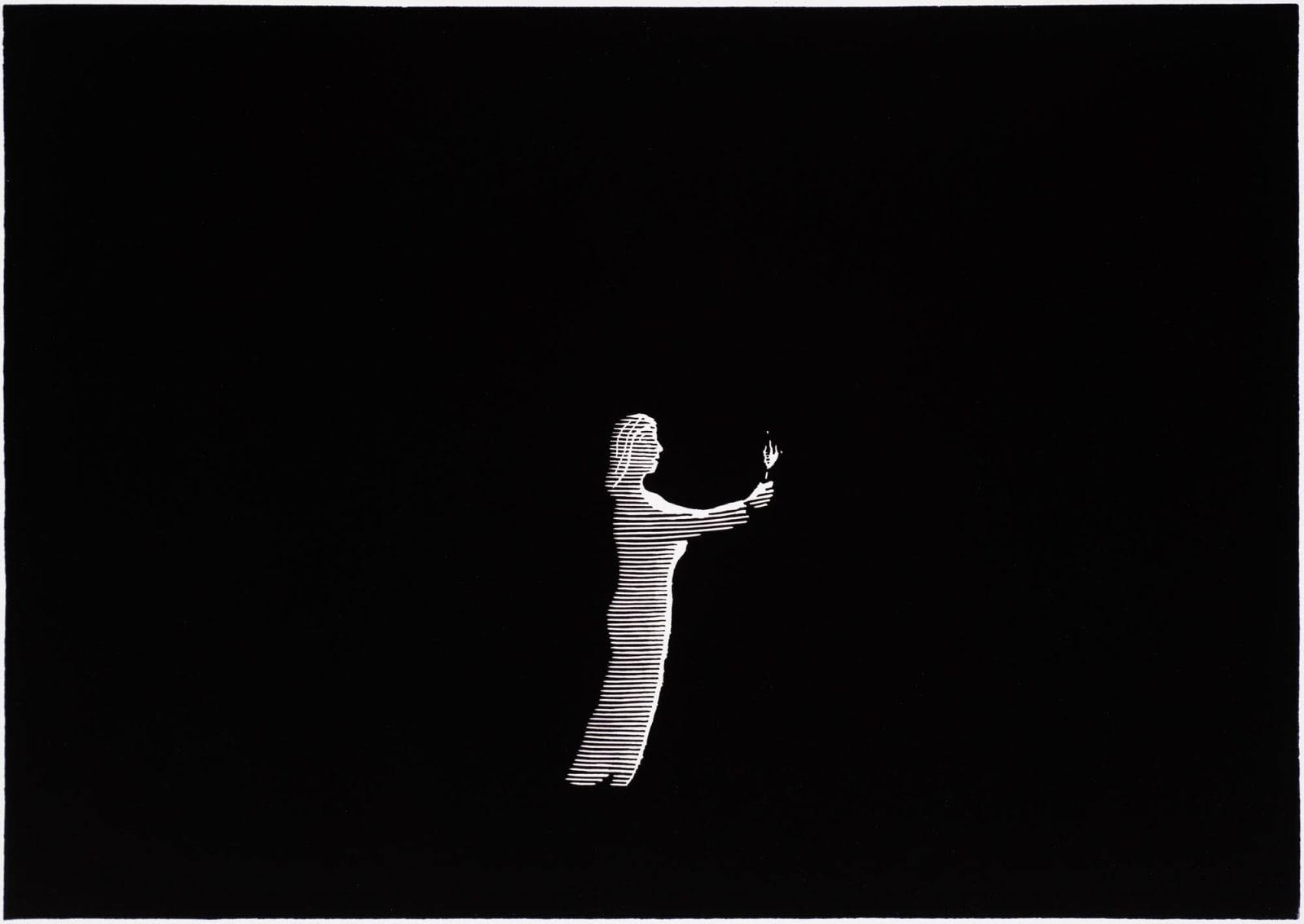 Black and white linocut of a woman holding a flame by renowned Australian artist David Frazer.