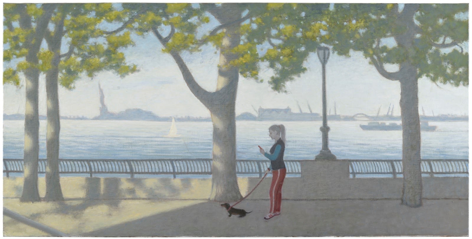 Robert Brownhall oil on canvas, Painting of Girl with Dachshund, New York Realism.