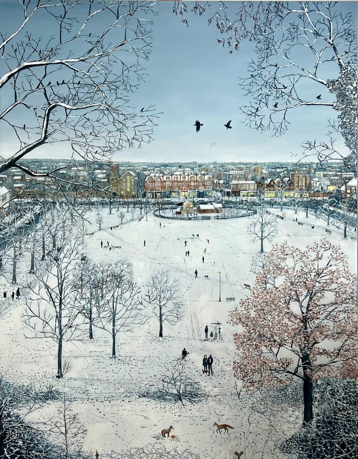 Oil on canvas painting of a snowy metropolitan city park from above by British painter Emma Haworth represented by Rebecca Hossack Art Gallery.