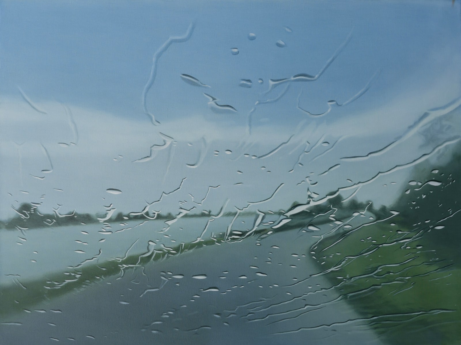 A road leading to a blue sky horizon with a grassy bank on its right and a river on its left, seen through a glass screen with water droplets scattered across it. By artist Esther Nienhuis. oil on linen 2024, Rebecca Hossack Art Gallery London, Contemporary art