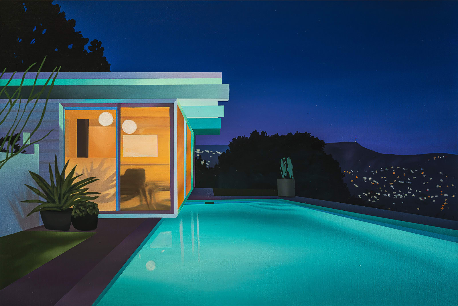 Painting of a modernist house with an illuminated pool over a darkening sky with city lights in the distance by British artist Laurence Jones.
