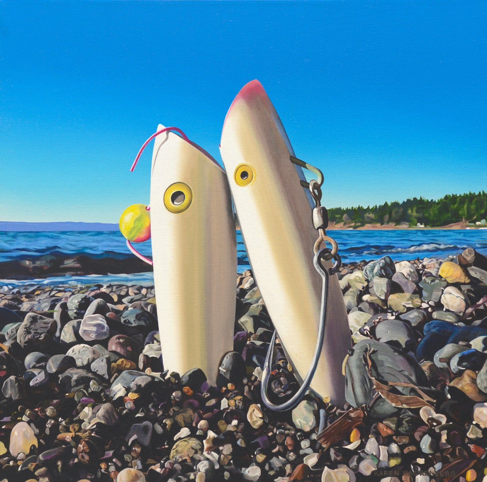 Seattle-based American artist Karen Hackenberg's hyperreal oil painting of seascape with white objects