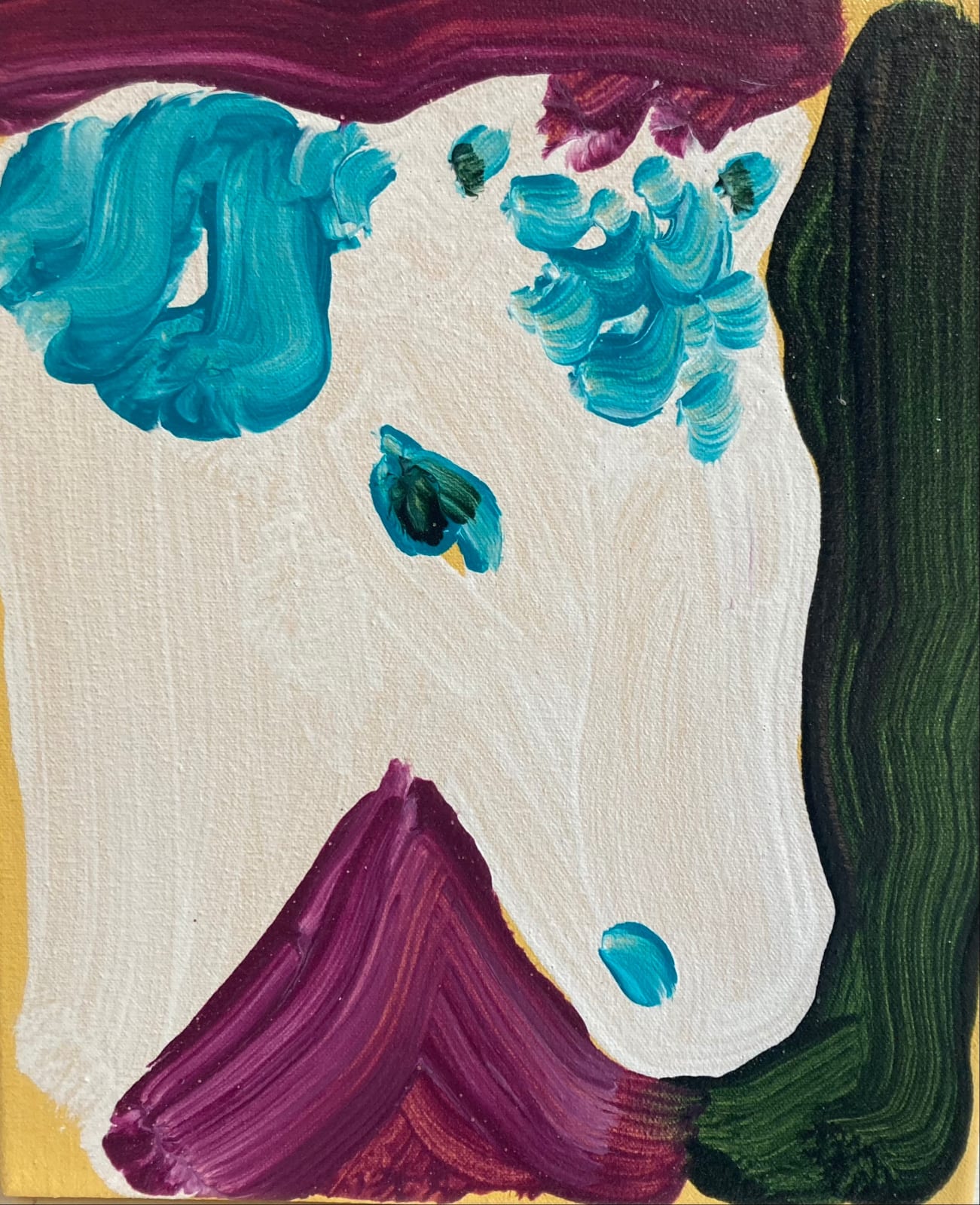 A painting of a horse with a blue mane on a purple and green background by contemporary artist David Surman.