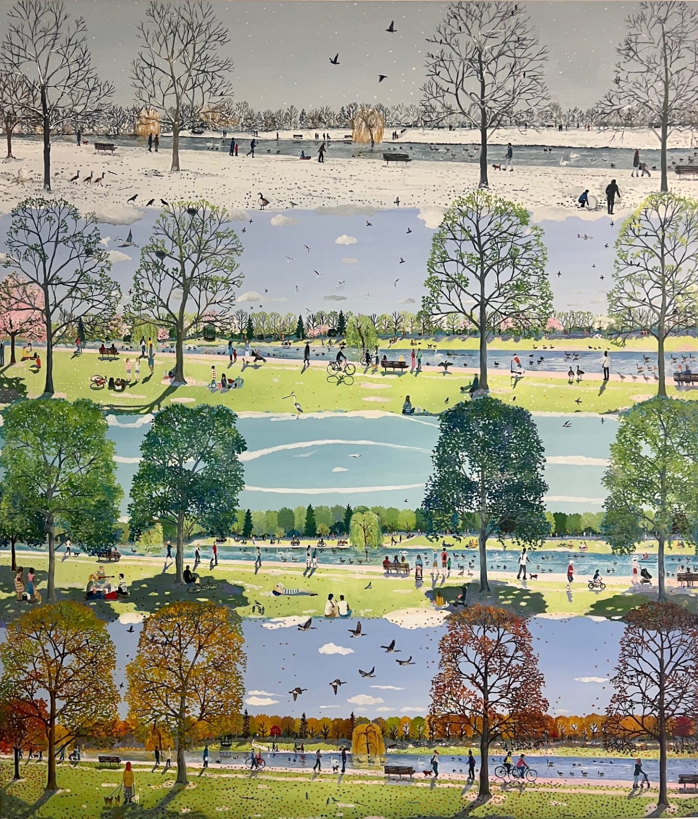 Painting of a metropolitan park in a city throughout the four seasons showing trees and birds and people and a lake by artist Emma Haworth represented by Rebecca Hossack Art Gallery.