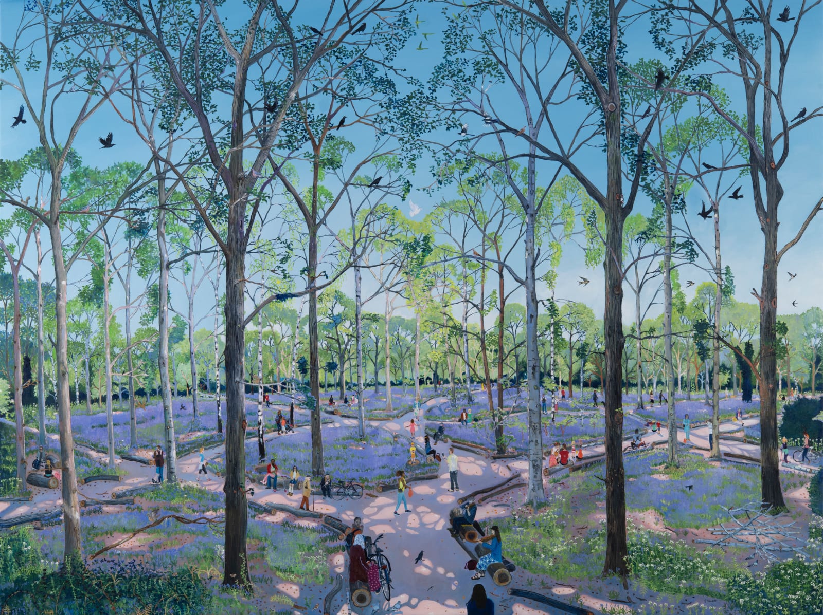 Oil on canvas painting of a spring scene in a metropolitan city park with people walking and blue flowers on the ground by British painter Emma Haworth represented by Rebecca Hossack Art Gallery.