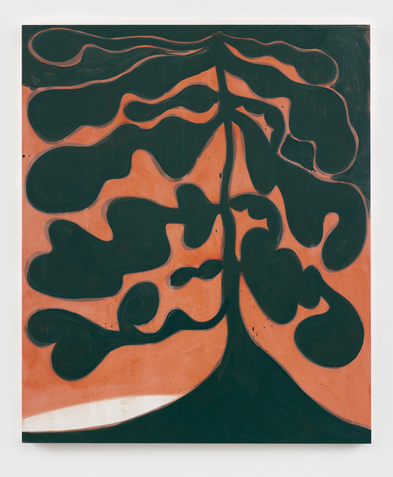 An abstract painting of a silhouette of a tree against an orange sunset background by artist David Surman.
