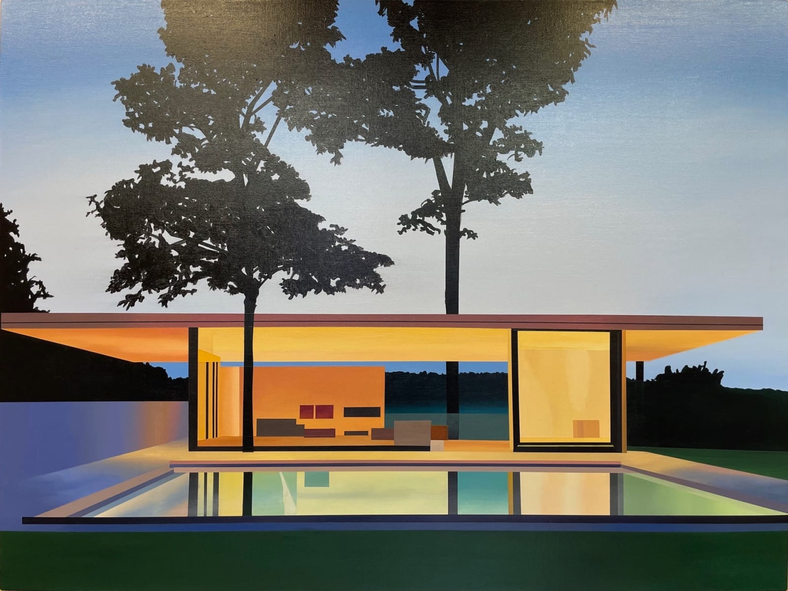 Laurence Jones British artist acrylic paint hyperreal architecture night pool hollywood mansion, hyperreal aesthetic