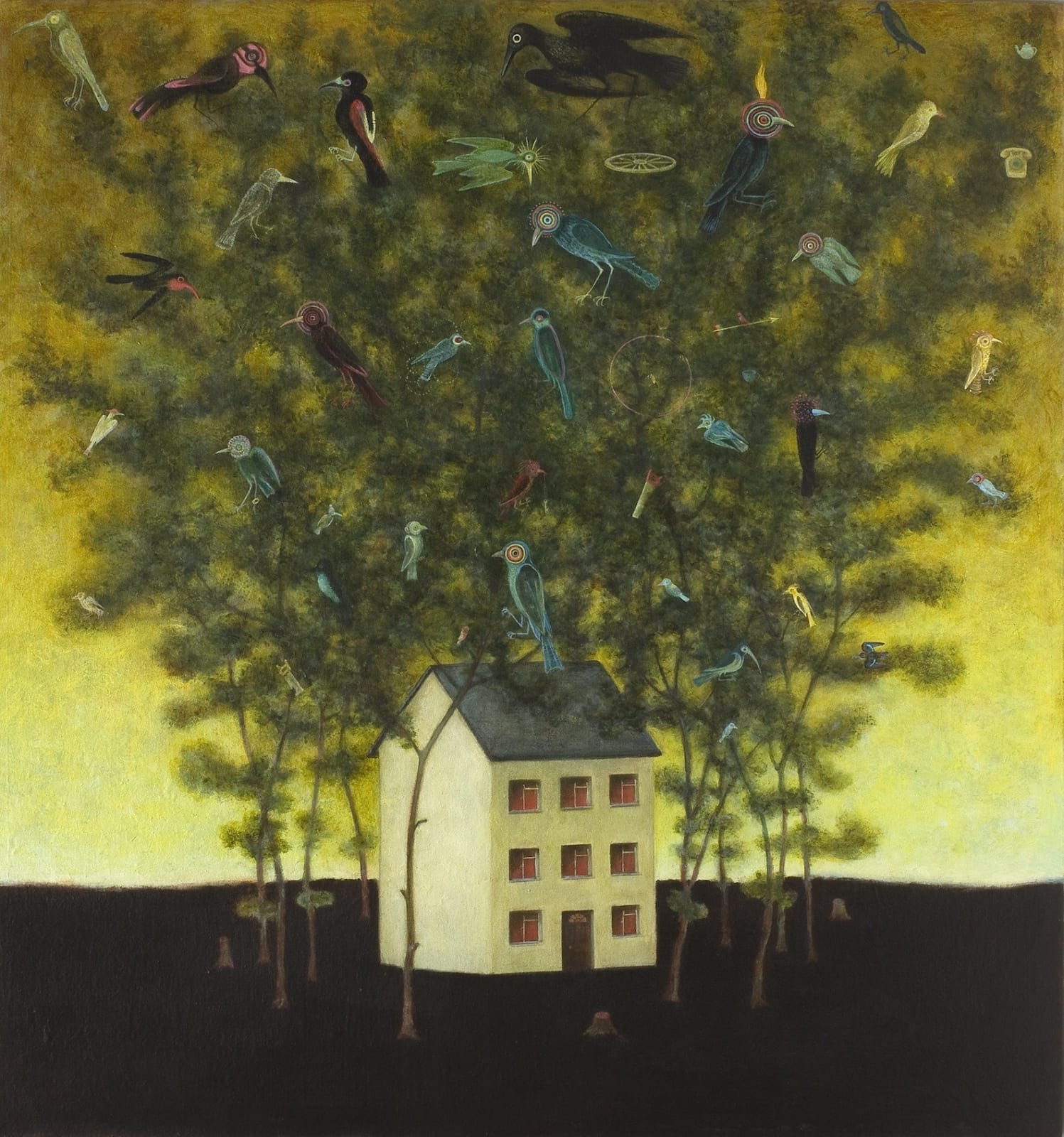 House under Rooster trees on Yellow. 