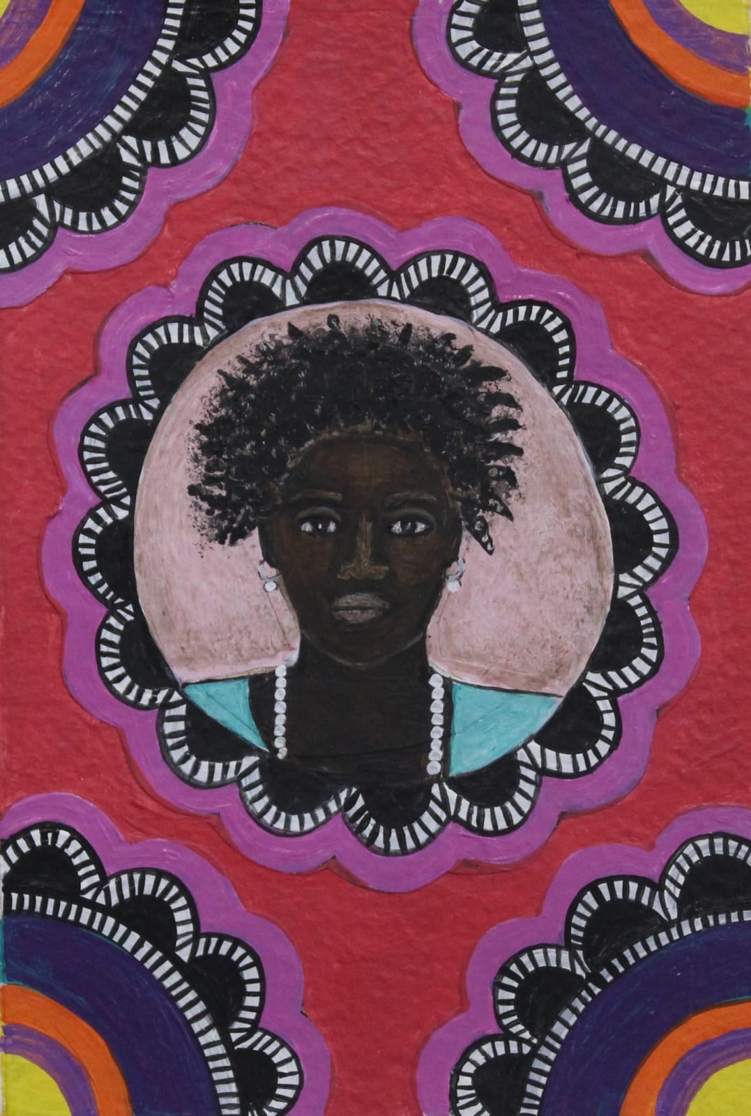 acrylic and collage on paper by Carla Kranendonk of woman on a pink and pattern background available at Rebecca Hossack Art Gallery