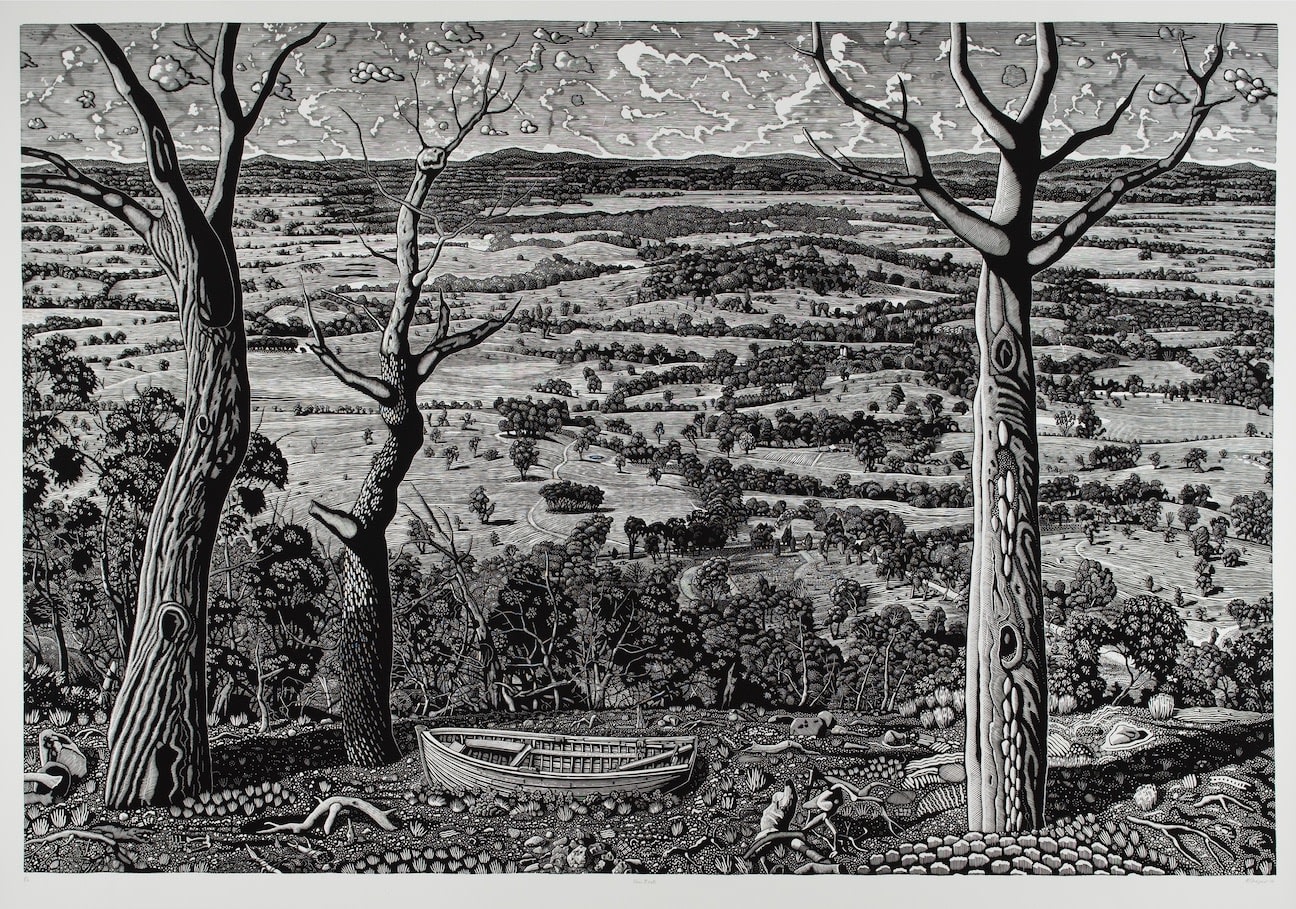 Wooden linocut of vast landscape with romantic rowing boat by Australian artist David Frazer represented by Rebecca Hossack Art Gallery.