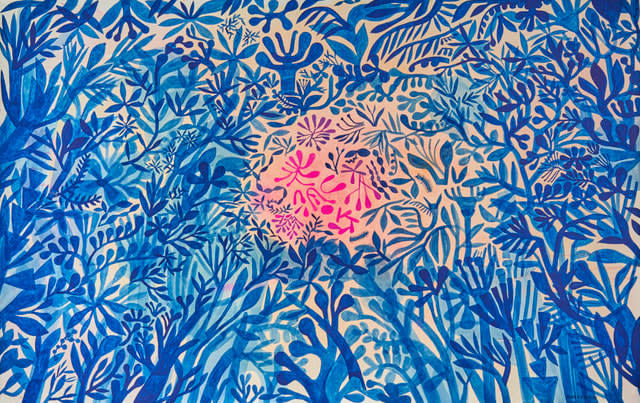 A painting of Blue botanical plants surrounding a small group of pink plants by London-based artist Ashley Amery entitled Evolutionary Forms