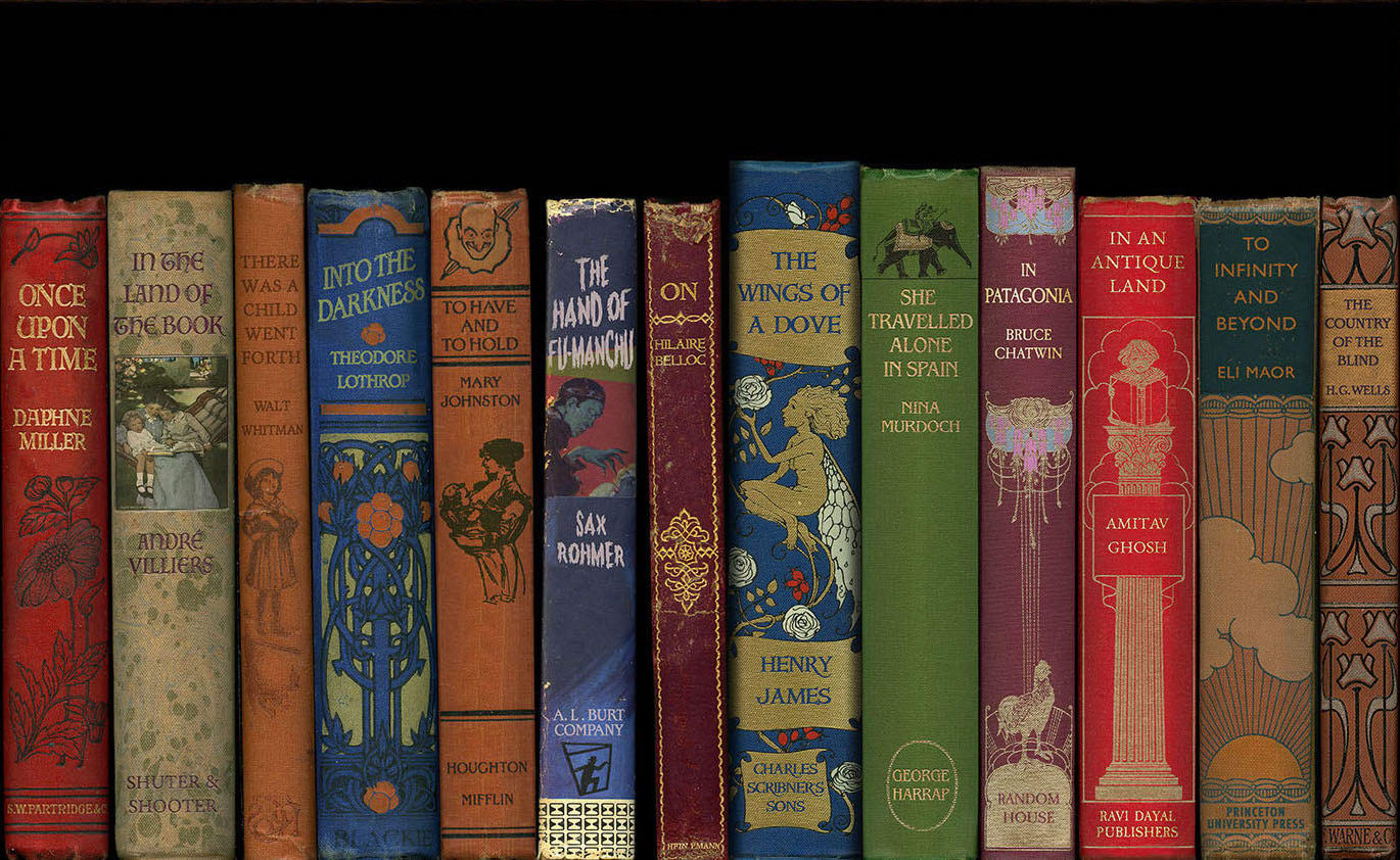 Detail shot of a conceptual bookshelf print about fairytales by acclaimed British artist Phil Shaw represented by Rebecca Hossack Art Gallery.