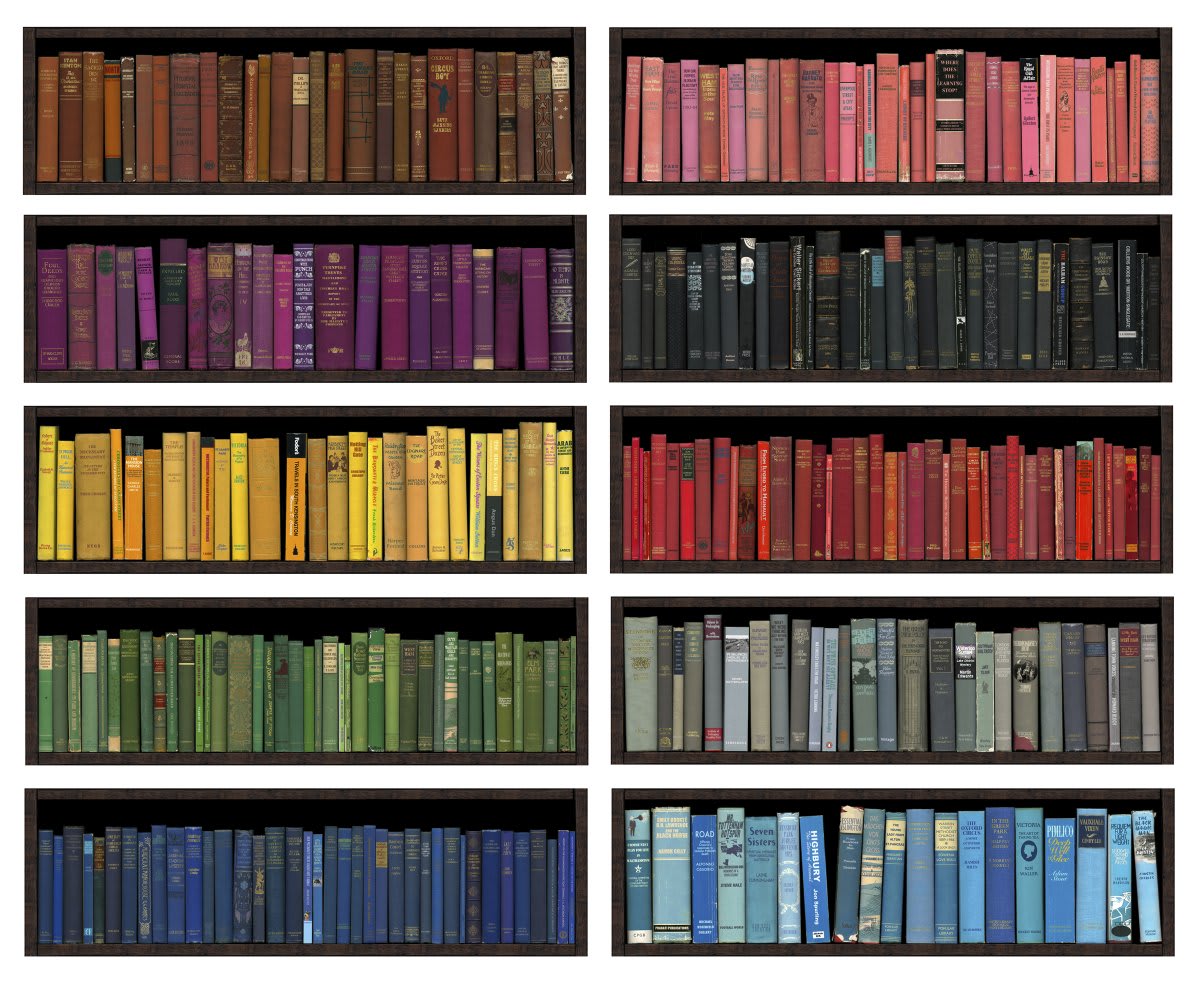 Multicolor conceptual bookshelf print displaying the names of all stations on each line of the London Underground by acclaimed British artist Phil Shaw represented by Rebecca Hossack Gallery.