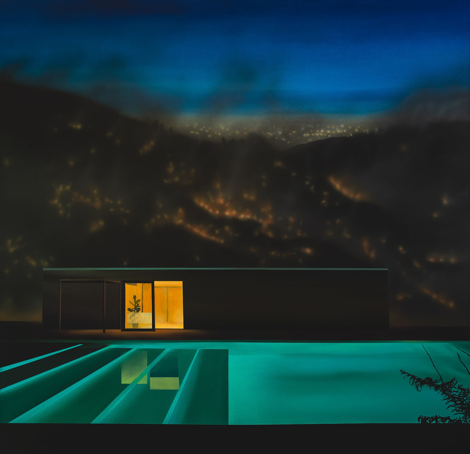 A painting of a modern California home with an illuminated pool in the hills with flames of a wildfire in the distance and smoke passing over by British artist Laurence Jones.