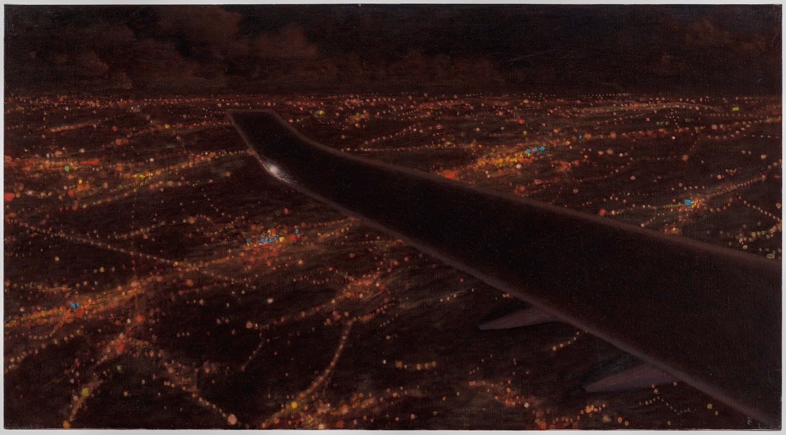 Robert Brownhall, oil on canvas, painting in red of a city skyline, plane view. Realism.
