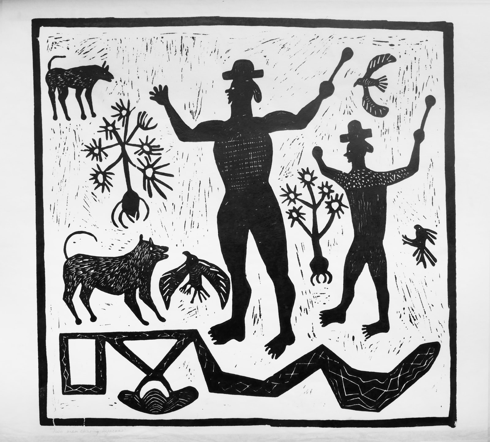 Thamae Setshogo, Two Men Chasing Hyenas, 1993