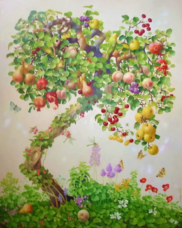 multi-colour tree oil painting by artist Bakhtiyor Umarov represented by Rebecca Hossack Gallery